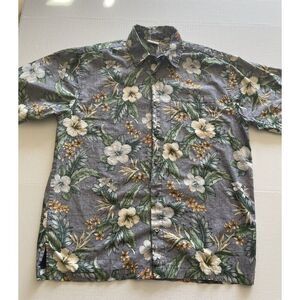 Go Barefoot Shirt Mens Hawaiian Button Down Short Sleeve Floral Blue L‎